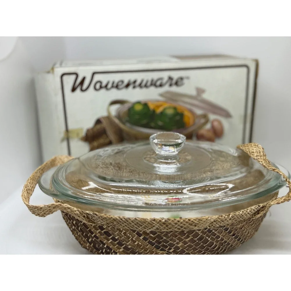 VTG Glasbake‎ Wovenware Casserole Dish Clear Glass Woven Basket 1 Qt 32 Oz 225WW